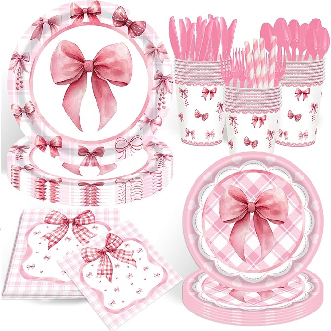 194PCS Pink Bow Plates Birthday Decorations for 24 Guests – GalaHub Coquette Party Supplies with Bow Cups, Cutlery, Tablecloth & Banner – Bow-Themed Party Decor for Girls & Women