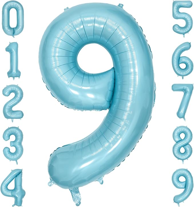 40 Inch Light Blue Number Balloon 9, Large Baby Blue Number 9 Balloons for Birthday Party Decorations, Blue Foil Mylar Birthday Balloons