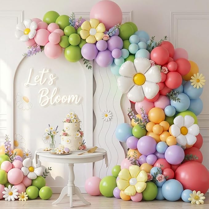 Pastel Daisy balloon arch kit Pastel pink yellow green blue red Purple balloons with rainbow daisy Flower balloon for spring Baby Shower Easter tea Party two groovy Birthday decorations