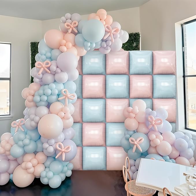 Pink and Blue Square Foil Balloons Wall, 25PCS Double Sided Pastel Cream Pink Blue Balloons Tunnel Arch Kit Backdrop for Boy or Girl Gender Reveal Decorations Birthday Party Baby Shower Decorations