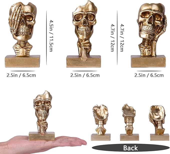 See Hear Speak No Evil Skeleton Figurines Set,Gothic Evil Skull Trio Statue,Vintage Skeletons for Halloween Decorations Indoor,Living Room Fireplace Floating Shelf Coffee Table Centerpiece Decor