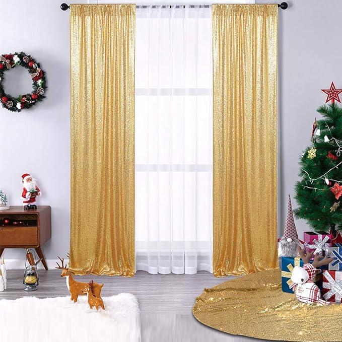 Juya Delight 2ft x 8ft x 2Pcs New Gold Sequin Photography Backdrop Curtain for Party Banquet Festival Wedding Anniversary Exhibition