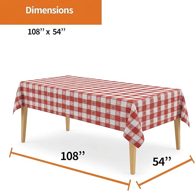 Party Dimensions Red Gingham Disposable Plastic Tablecloths for Rectangle Tables, 54" x 108", 12-Pack, Plastic Table Covers for Parties, Picnics, Events, Indoor & Outdoor Use