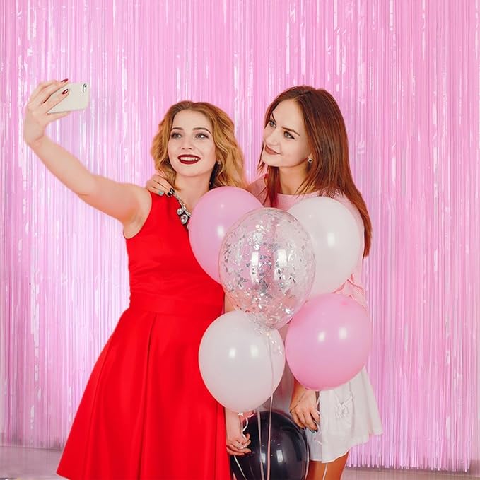 Light Pink Birthday Decorations - 4 Pack of 3.2x8.2ft Pink Foil Fringe Curtains Streamers Backdrop for Birthday Valentines Party Decoration