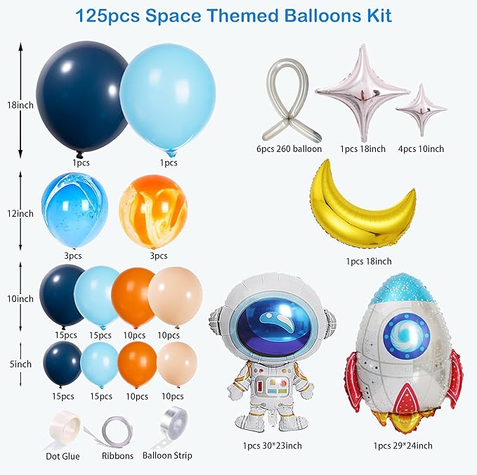 125Pcs Space Themed Balloon Arch Kit Navy Blue Orange Balloon Garland With Silver Tassels Galaxy, Astronaut & Rocket Decorations For Outer Space Parties, Boy Kid Birthday decoration