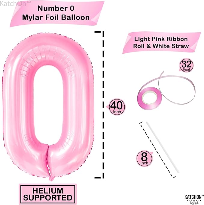 KatchOn, Huge 40 Inch Light Pink 0 Balloon - Pink Balloons | Zero Balloon, Light Pink Party Decorations | Pink Birthday Decorations for Women | 0 Light Pink Number Balloon for Anniversary
