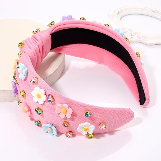 Easter Headbands for Women Girls Cute Easter Bunny Headband Jeweled Crystal Embellished Knotted Headband Holiday Party Hair Accessories (Beaded Bunny-Pink)
