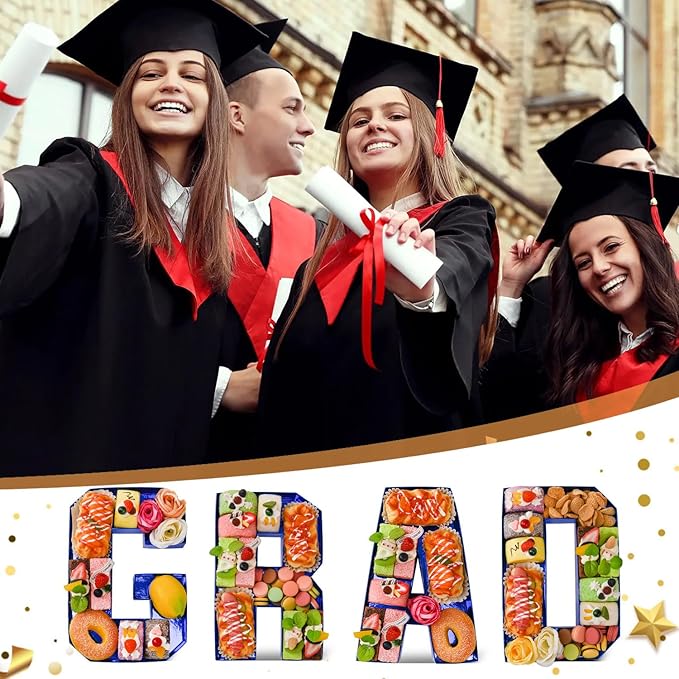 GRAD Set Cardboard Letter for Charcuterie 10.2'' Blue Grad Fillable Tray Charcuterie Paper Box for Graduation Party Decorations Chocolate Candy Cupcake Container
