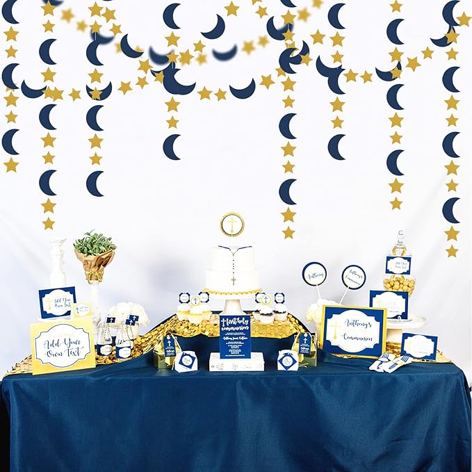 Navy-Blue Gold Moon-Star Party-Decorations Garland - 52Ft Twinkle Little Star Hanging Decoration Streamers Banner, Eid Ramadan Mubarak Decoration Birthday Wedding Baby Shower Party Decor Panduola