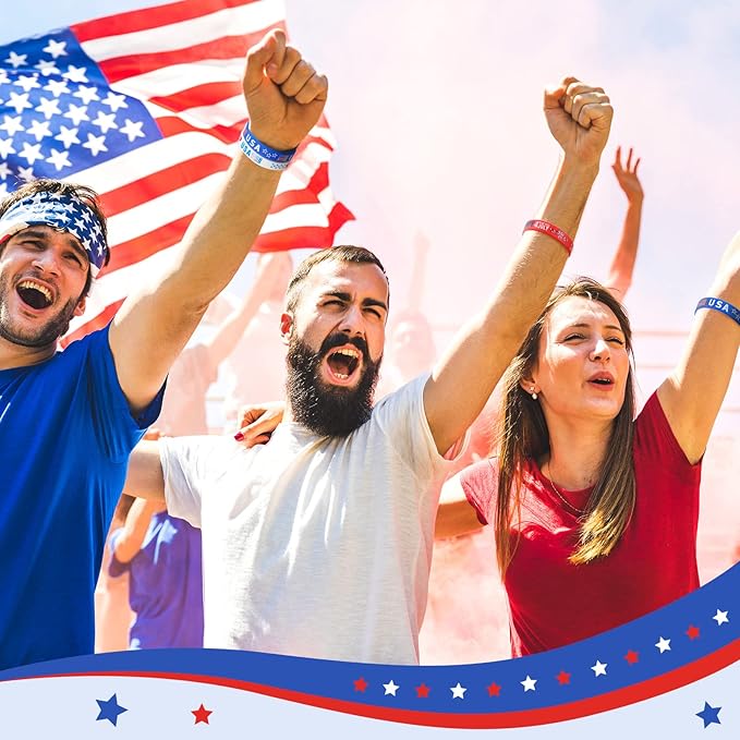 Lewtemi 30 Pieces 4th of July Party Favors USA Silicone Bracelet Patriotic American Flag Red White and Blue Rubber Wristband for Independence Day Decorations Fourth of July Party Accessories Gift