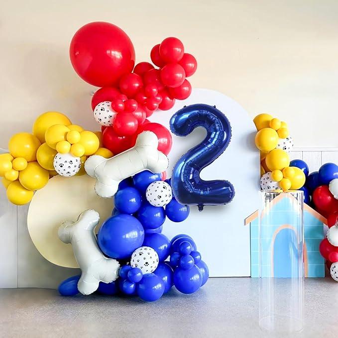 2nd Birthday Decorations for Boy, Dog Paw Second Birthday Balloons Arch with Red Blue Yellow Latex Balloons and Number 2 Balloon Star Foil Balloon for Paw Party Supplies