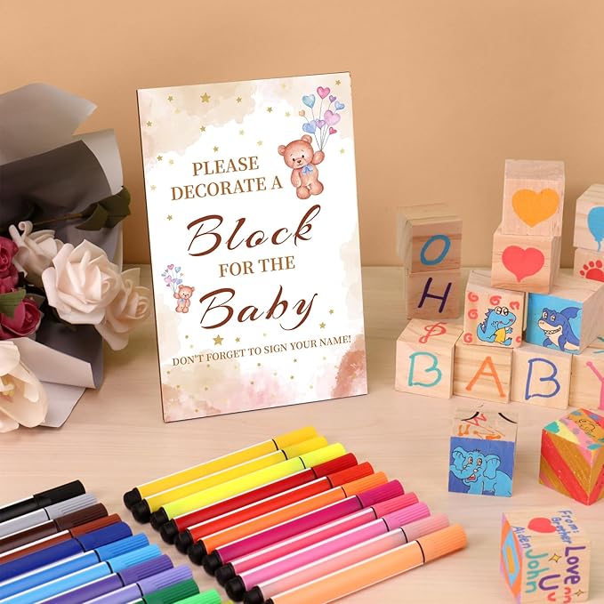 Baby Shower Games Sign Kit with 50 Blank Wooden Baby Blocks, 24 Acrylic Paint Marker and Wooden Sign, Blocks for Baby Shower Games, Gender Reveals Party(Bear)