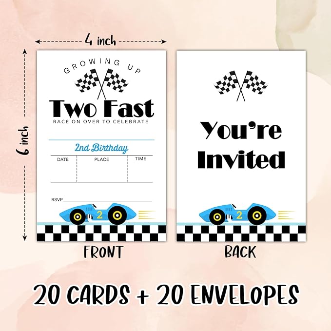 2nd Race Car Birthday Party Invitation Cards for Kids Boys, Two Fast 2nd Birthday Celebration Party Invite Cards Supplies Decorations, 20 Double-Sided Fill In Invites With Envelopes -01