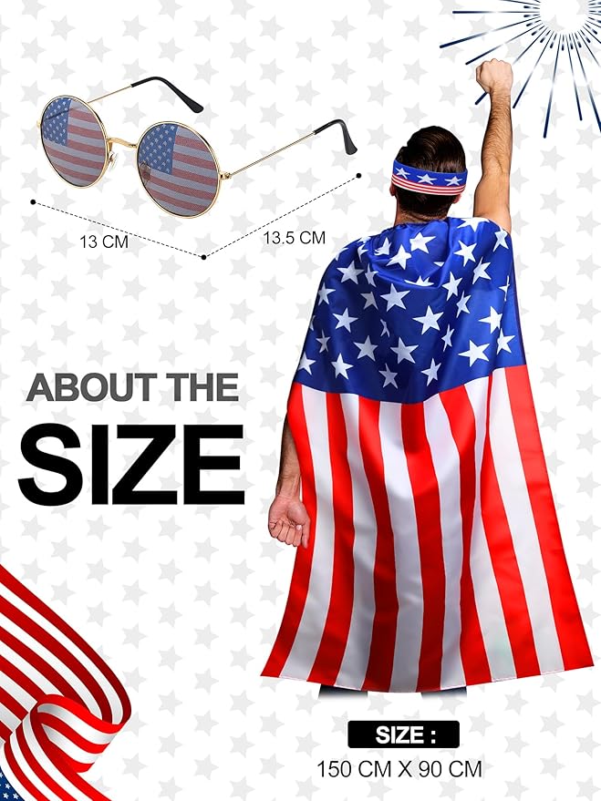 Frienda 250 Year American Flag Costume Cape, Retro 80's USA Sunglasses and Flag Headband for 250th Anniversary 4th of July