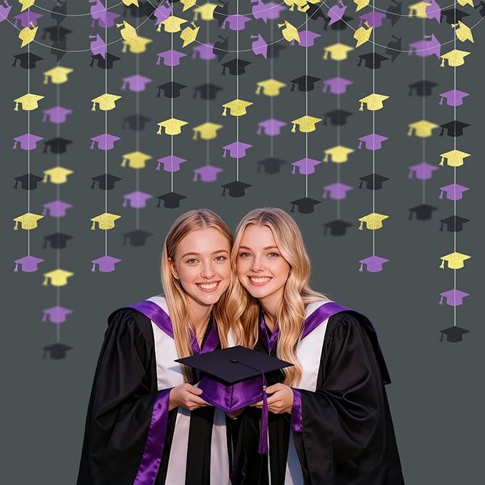 Black Purple and Gold Graduation Garland Graduation Party Decorations Class of 2026 Grad Cap Garland Banner Streamers for Grad Party Hanging Decorations 39Feet