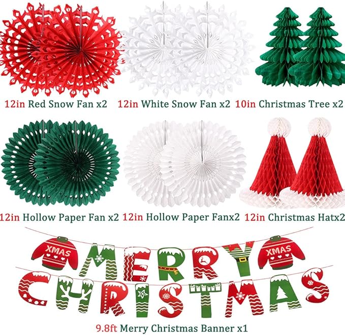 Christmas Party Decorations, Merry Christmas Banner Honeycomb Santa Hats Trees Hanging Snowflakes Paper Fans for Xmas Party Eve Holiday Home Decor