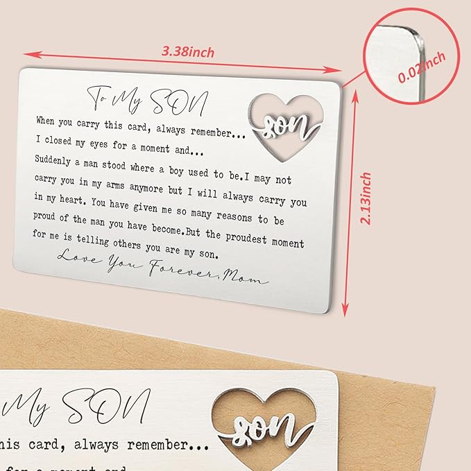To My Son Wallet Insert Card from Mom, Stainless Steel Laser-Engraved Postcard with Heart Cutout, Emotional Gift for Son, Inspirational Pocket Keepsake for Birthday, Graduation, Christmas QBK06
