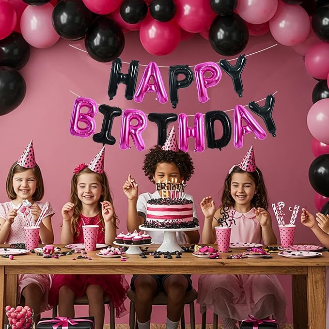 TONIFUL Happy Birthday Balloons Banner 16 Inch Mylar Foil Letters Birthday Sign Reusable for Girls Boys Kids & Adults Birthday Party Decorations Supplies（Black Pink）