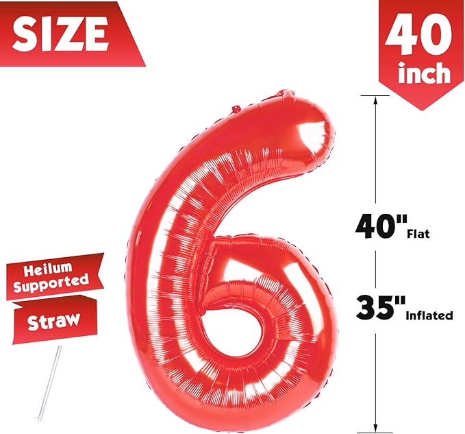 40 Inch Red Number 6 Balloon, Giant 6 Number Balloons for 6th Birthday Decorations, Party Supplies for Baby Boy Girl, Red Party Decor