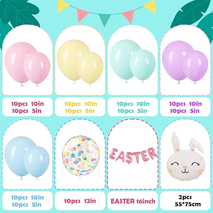 Easter Decorations Indoor Outdoor Balloon Arch Kit, Rainbow Easter Balloon Garland Kit,Happy Easter Color Balloons,Easter Bunny Balloons for Rainbow Easter Birthday Party Decorations