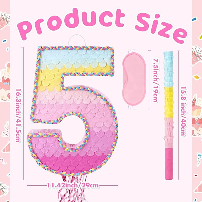 WERNNSAI Pink Sweet Five Piñata - Number 5 Piñata Happy Birthday Decoration Pink Rainbow Design Party Games for Girl Princess Baby Shower Party Favor with Blindfold Anniversary Celebration Supplies