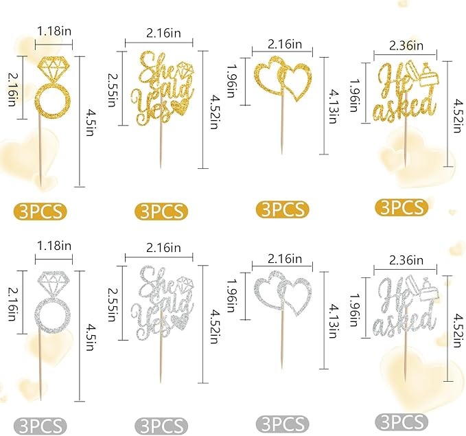 BEISHIDA He Asked She Said Yes Cupcake Toppers, 24 Pcs Engagement Cupcake Toppers Glitter Diamond Ring Heart Cupcake Picks for Wedding Engagement Bridal Shower Party Cake Decorations(Gold and Silver)