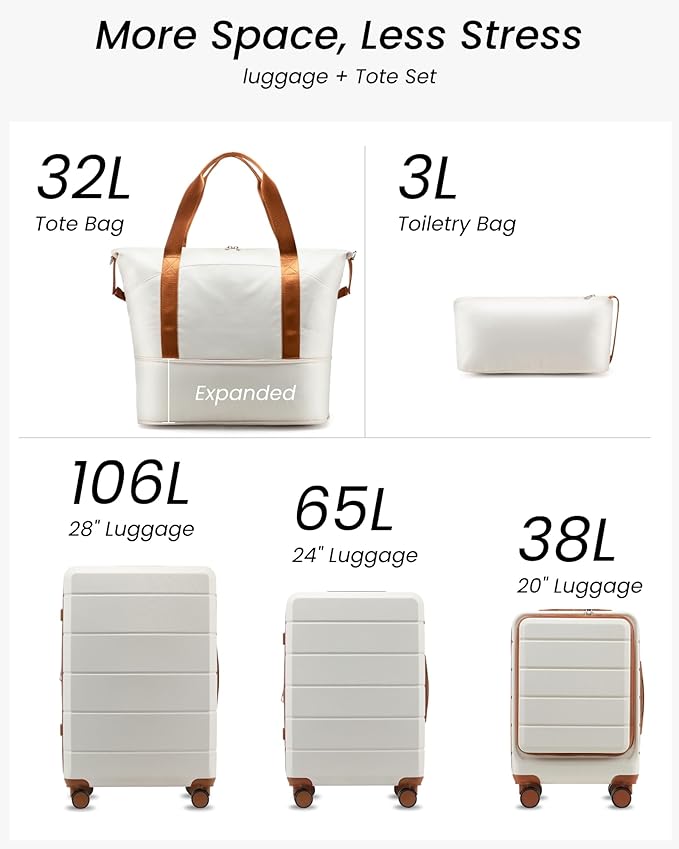 YOETEY 5 Piece Luggage Set Hardside Expandable Suitcase with TSA Lock Spinner Wheels Lightweight Travel Set Includes Tote and Toiletry Bag, (5 Piece Sets, White)