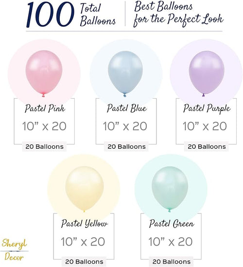 100 Pastel Balloons for Parties – 10 Inch Latex for Easter Party Decorations or Rainbow Supplies - Blue, Purple, Yellow, Green and Pink Balloons for Ice Cream, Donut, Sprinkle, Birthday