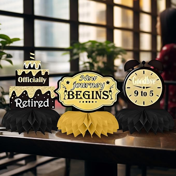 9PCS Retirement Party Decorations, KSKSPE Retirement Centerpieces for Table,Black and Gold Retirement Table Decorations, Retirement Decor for Retirement Party Retirement Party Supplies Men and Women