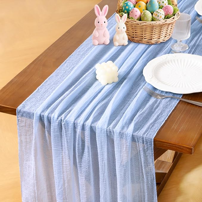 Socomi Blue Easter Spring Gauze Cheesecloth Table Runner 120 Inch Rustic Boho Cheese Cloth Runner for Wedding Party Baby Bridal Shower Centerpiece Decoration Holiday Home Decorations