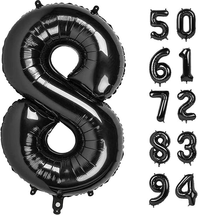8 Black Number Balloons, 40 Inch Number Balloon, 8th Birthday Decorations - 8, 18, 28, 38, 80 Balloons