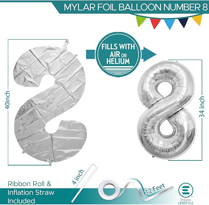 40 Inch Large Silver Number Celebration and Decoration Balloon for Birthday Parties, Graduations, Anniversaries, Weddings, Photo Shoots, Special Events - Helium Foil (Silver Number 8)