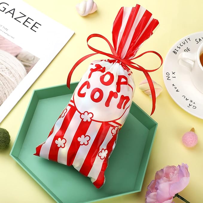 Outus 100 Pcs Popcorn Bags for Party Popcorn Treat Bags Red and White Stripe Carnival Candy Containers with a Roll of Red Ribbon for Circus Carnival Party Birthday Favor