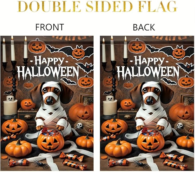 Halloween Garden Flag Dachshund Dog Mummy Pumpkin 12x18 Inch Double SidedOutdoor Yard Banner for Trick or Treat Haunted House Spooky Halloween Decoration Decor