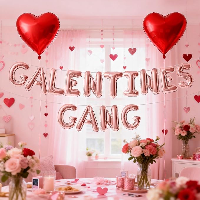 Galentines Day Balloons Banner, 16 Inch Rose Gold Galentines Gang Letters Balloons Decorations 18 Inch Red Heart Foil Mylar Balloon for Women Girls Ladies Galentine's Valentines Day Party Decoration