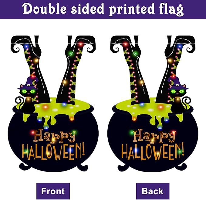 Halloween LED Lighted Garden Flag for Outside, 12x18 in Solar Double Sided Witch Feet Shape Yard Flag, Halloween Decorations for Patio Lawn, Home Porch