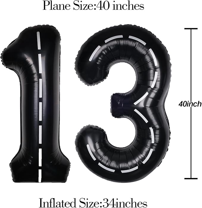 Race Car 40Inch Black 13 Balloon Number Large Helium Race Track 0-9 Giant Digital 13th Foil Mylar Big Party Number Balloons for Boy Birthday Car Theme Party Anniversary Graduation Decorations