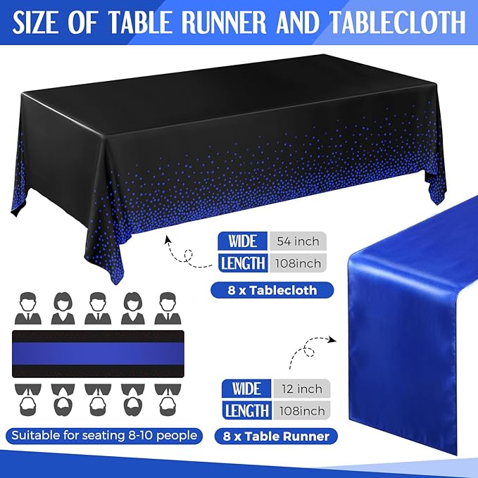 Breling 16 Pack Black and Blue Disposable Plastic Tablecloths and Satin Table Runner Set, 54 x 108 Inch Tablecloth, 12 x 108 Inch Table Runners for Wedding Graduation Birthday Baby Shower New Year