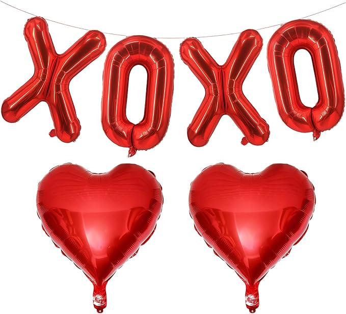 Valentines Day Balloons Decorations Red 6 Pcs 16 Inch - "XOXO" Letter + 2 Heart Balloons with Tape Straws Ribbonfor Romantic Wedding Indoor Valentines Day Decor Party Supplies