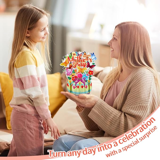 FaCraft Pop Up Mothers Day Cards - Large 7.8" Handmade Happy 3D Mothers Day Card with Butterflies & Flowers - Unique Standing Art Sculpture for Mom Grandma Wife - with Envelope