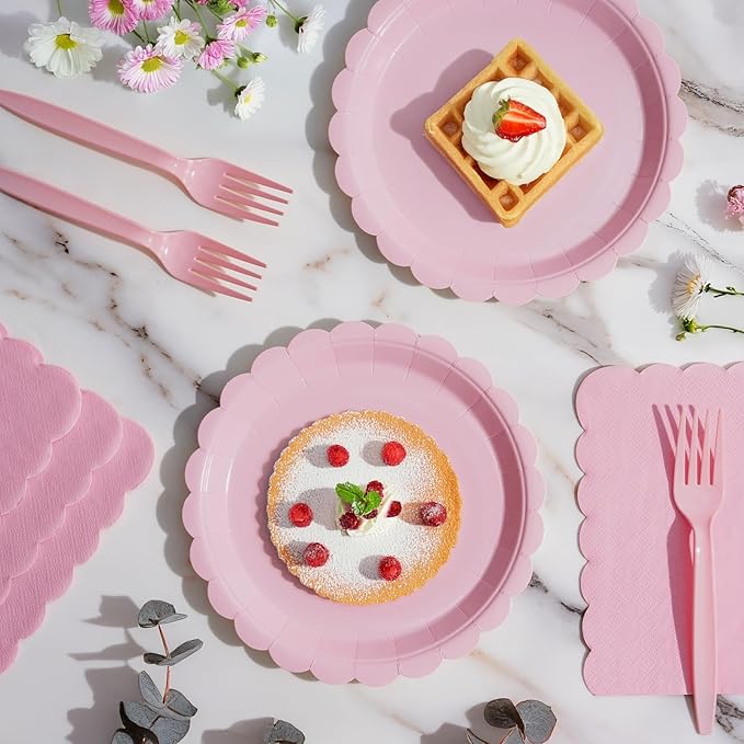 105PCS Paper Plates and Napkins Set,7 Inch Scalloped Disposable Tableware with Forks for Birthdays, Garden Parties & Outdoor Events,Serves 35 (Light Pink)