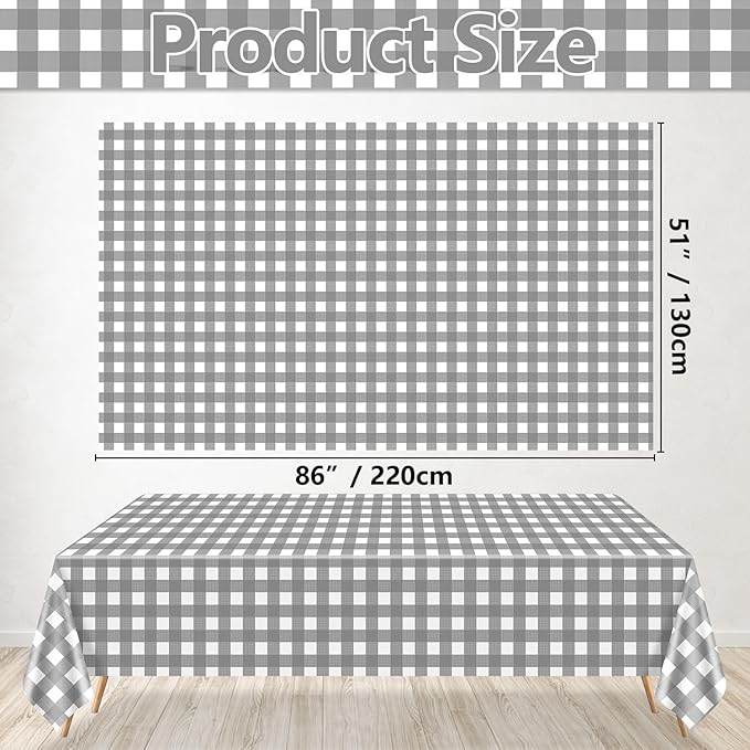 4 Pack Grey Gingham Tablecloths, Grey and White Checkered Tablecloths 86 x 51 Inches Gingham Tablecovers Rectangular Waterproof Picnic Table Covers for Birthday Party Supplies