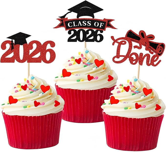2026 Graduation Cupcake Toppers, 36 pack Red Glitter Class of 2026 Congrats Grad Diploma Graduation Cap Cupcake Picks for 2026 Graduation Party decorating Supplies