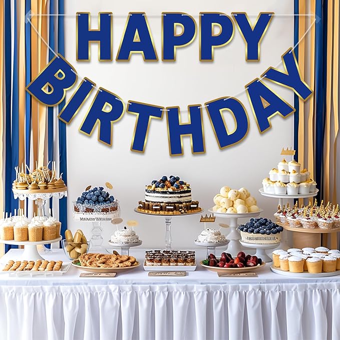 Happy Birthday Banner - 9ft Pre-Strung Happy Birthday Sign for Women, Men, Girls, Boys - No DIY Birthday Decorations & Party Supplies(Navy Blue)