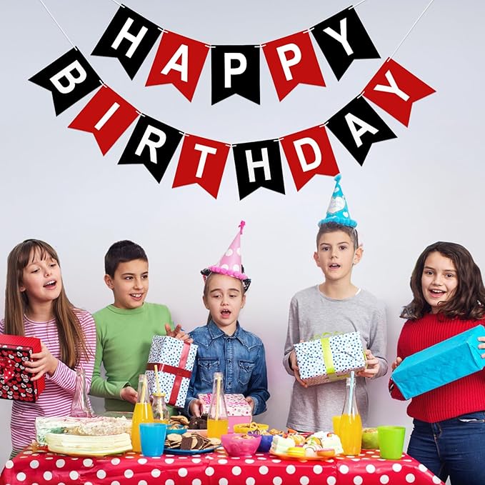Red and Black Happy Birthday Banner Birthday Party Banner NO DIY Happy Birthday Sign Pre-Strung Birthday Hanging Decoration for Women Men Girl Boy Party Supplies (Red and Black)