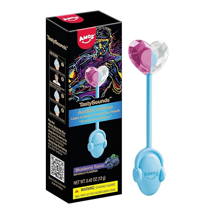 Amos Music Lollipop Candy, Audio Singing Lollipop, Individually Wrapped Natural Blueberry Flavor (1 Pack)