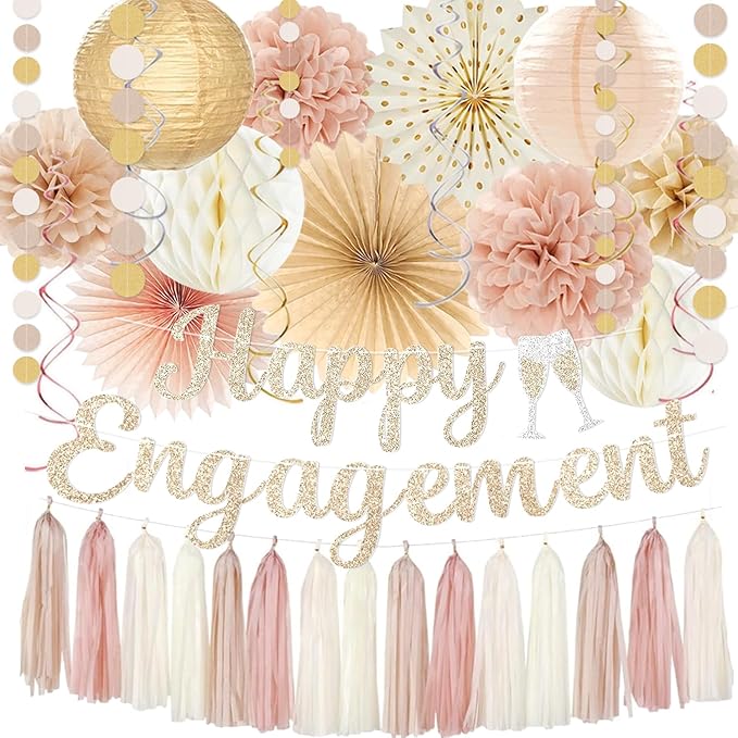 Engagement Party Decorations, Champagne-Gold Glitter Happy Engagement Banner, Almost Married/Just Engaged Photo Background, Boho Tassel Garland Congratulations Wedding Bachelorette Party Shower Décor