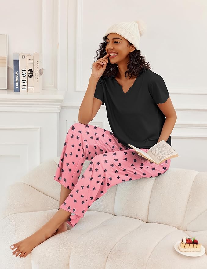Ekouaer 2 Piece Womens Pajamas V Neck Short Sleeve Top and Long Pants Pjs Print Lounge Set Sleepwear