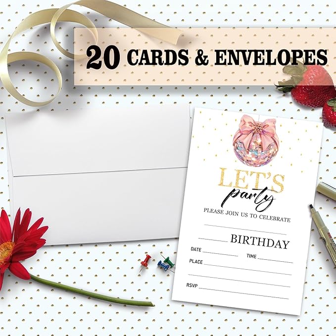 Sweet Pink Disco Birthday Invitation Cards For Girls Adult Teens, Let's Party Supplies Favors, 20 Fill-In Invitation Cards with Envelopes -04