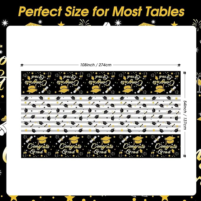 Graduation Tablecloth Party Decorations 2026, 3 Pack Thick Black and Gold 54"x108" Congrats Grad Disposable Table Covers Plastic Cloth Tablecover for College High School Class of 2026 Party Supplies
